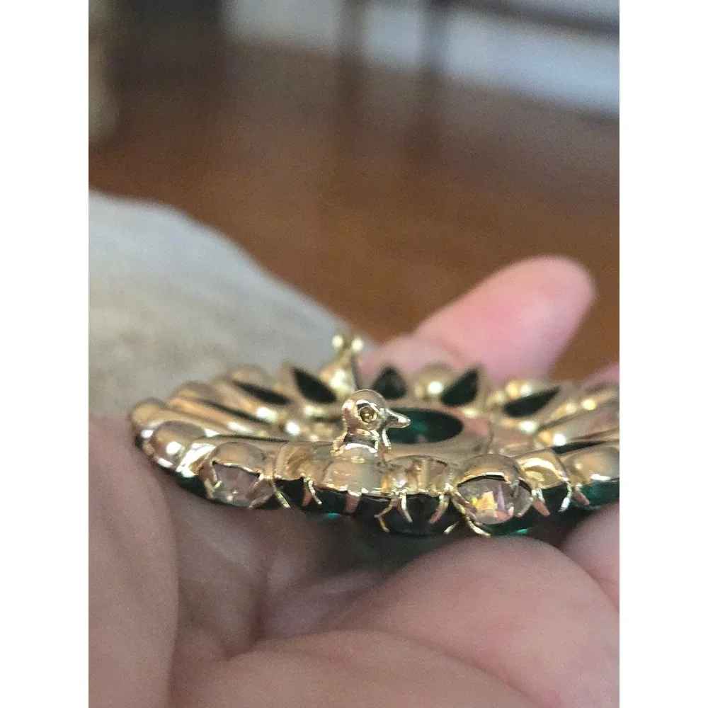Green Brooch Rhinestone Statement Brooch Vintage Goldtone Mid-Century